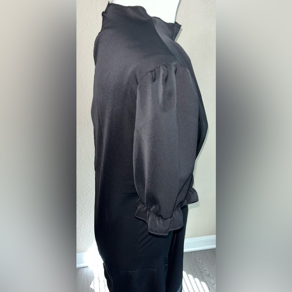 Puff Sleeved Little Black Dress With Gathered Neck - Picture 9 of 10
